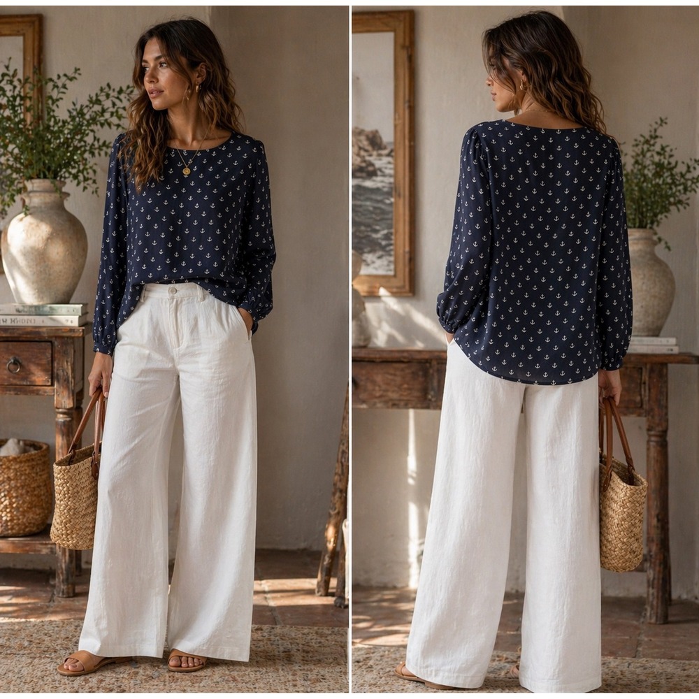 J.Crew Women's Navy 100% Silk Anchor Print Long Sleeve Button Shoulder Blouse 8